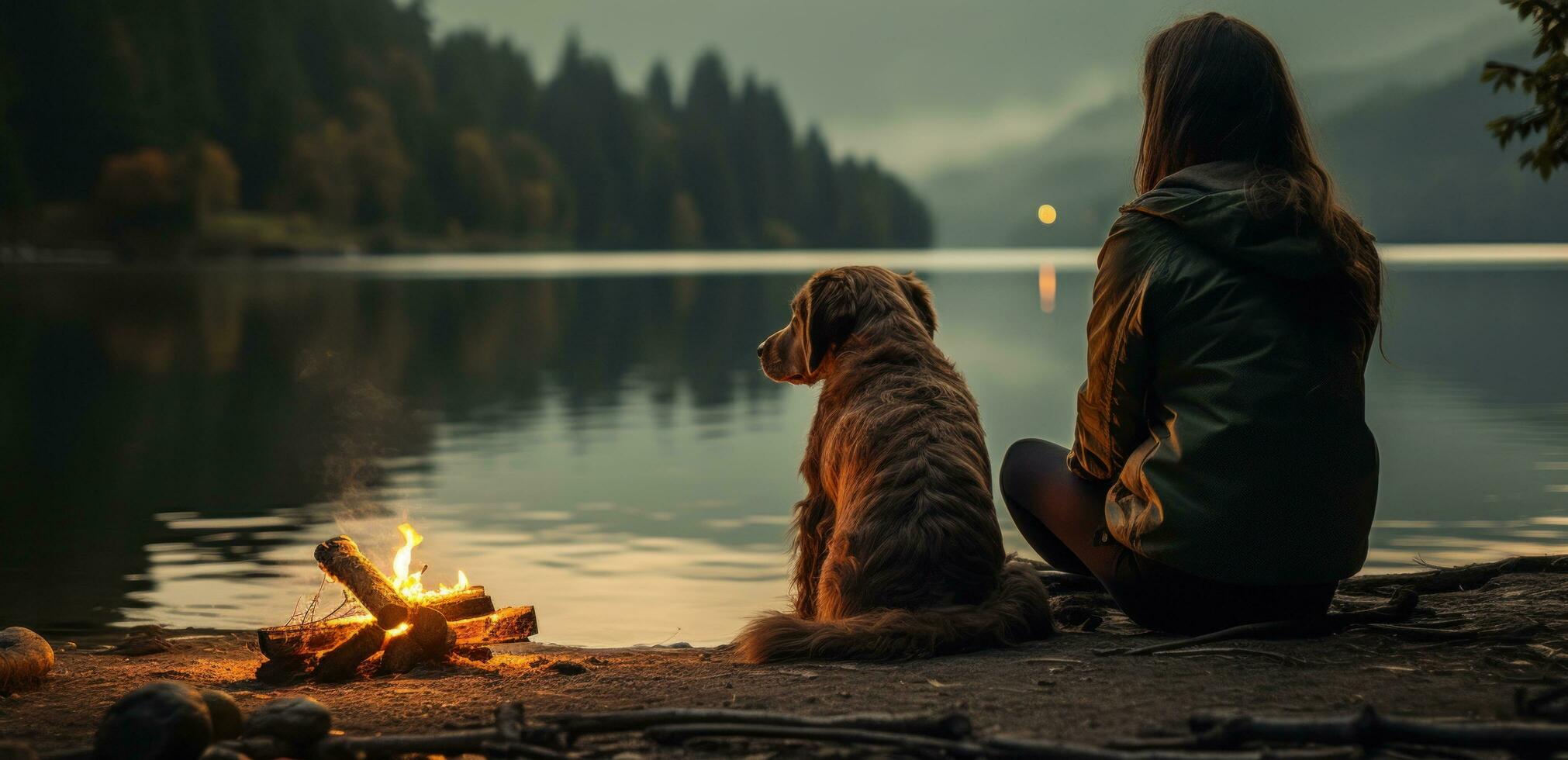 AI generated woman sitting next to fire with her dog, rocks, lake photo