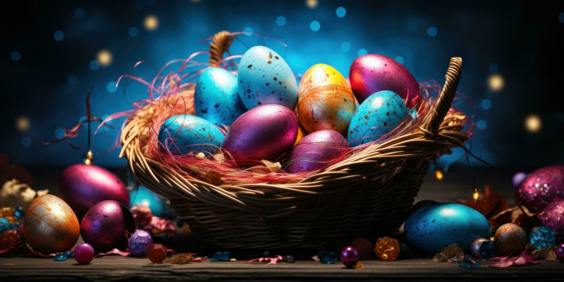 AI generated wicker basket full of colorful easter eggs on a sunny day photo