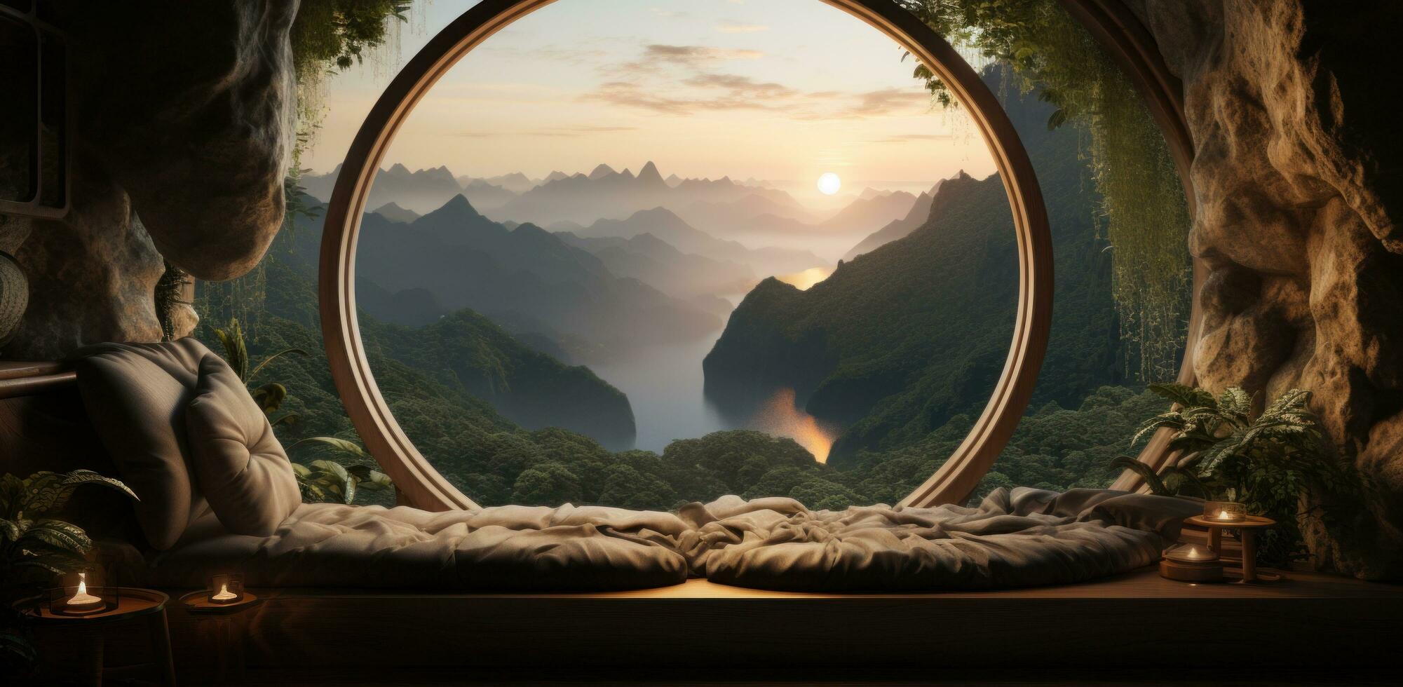 AI generated with a round window the view is beautiful photo