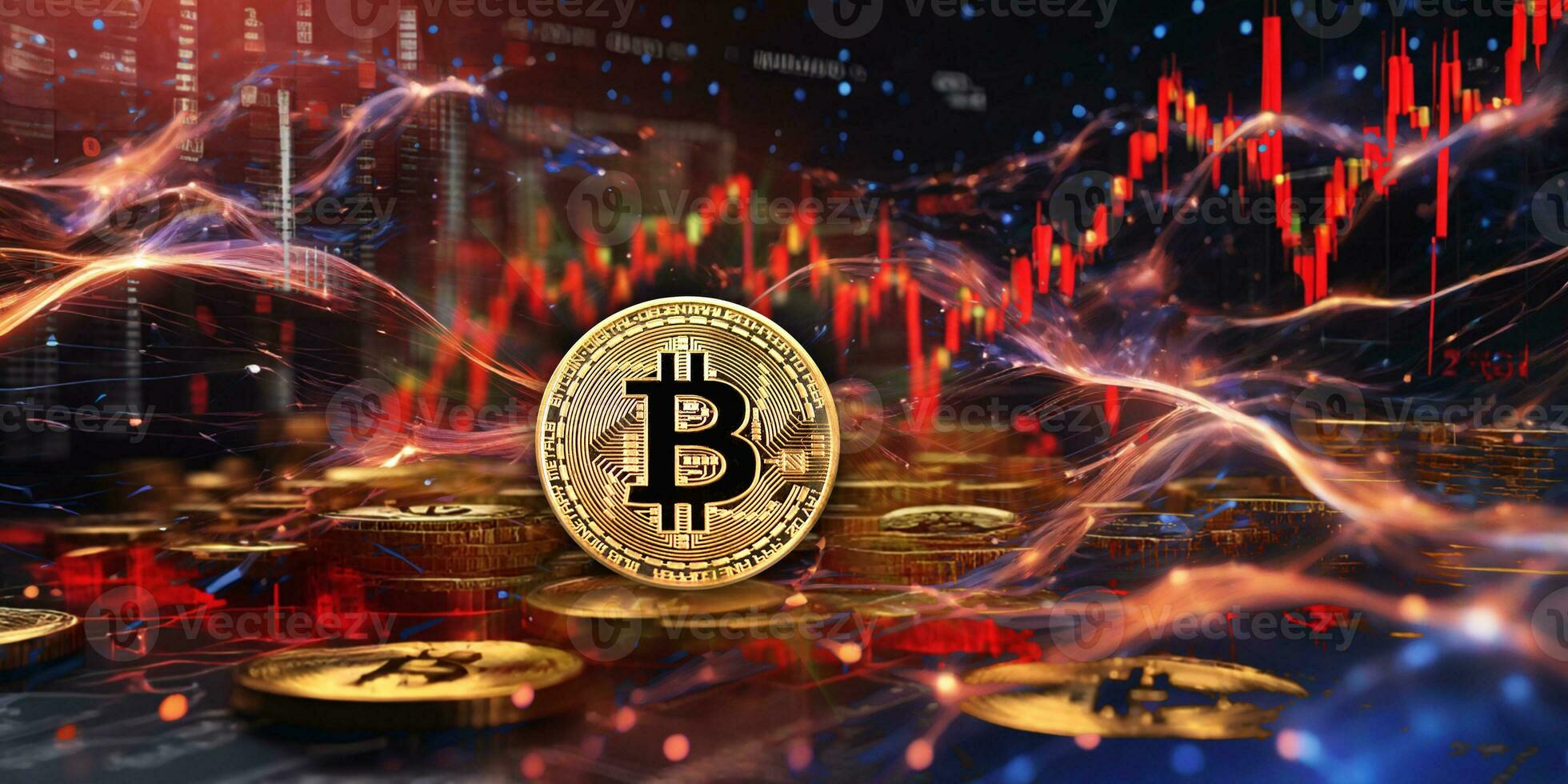 AI generated Bitcoin on the background of the stock market. The concept of crypto currency. photo