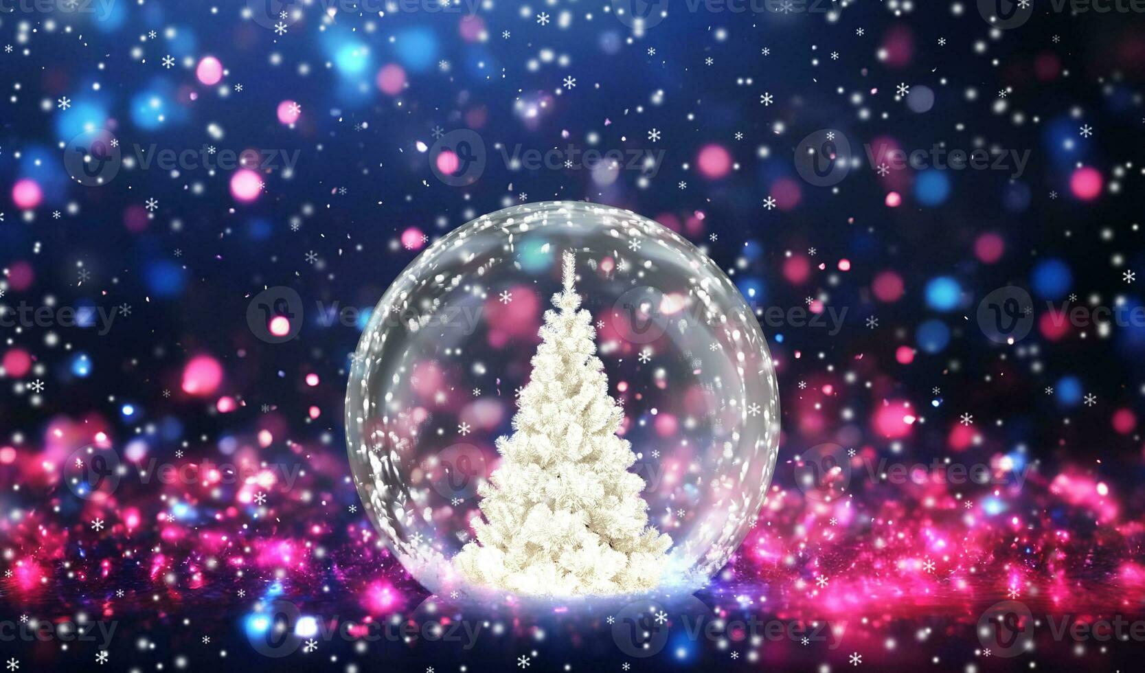 Snow globe with Christmas tree on a background of pink and blue bokeh lights photo