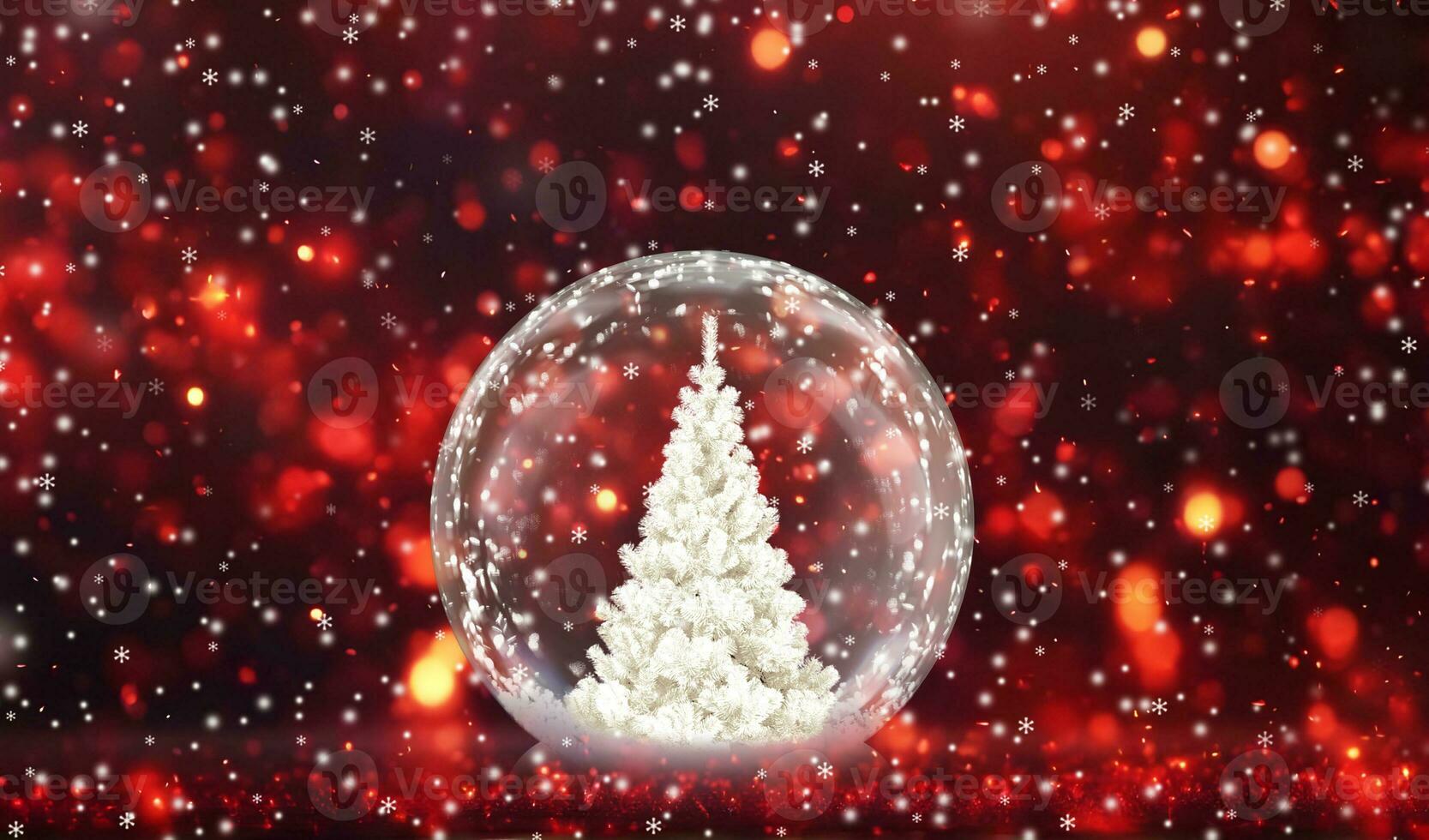 Christmas tree in a snow globe on a red background with snowflakes photo