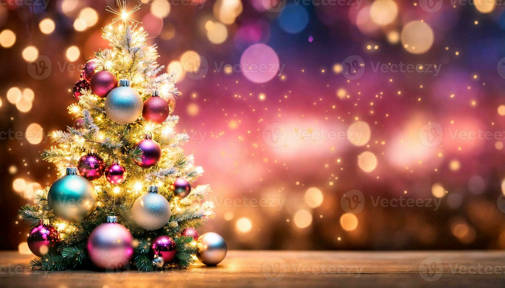 AI generated Christmas tree with bokeh background. Christmas and New Year background. photo