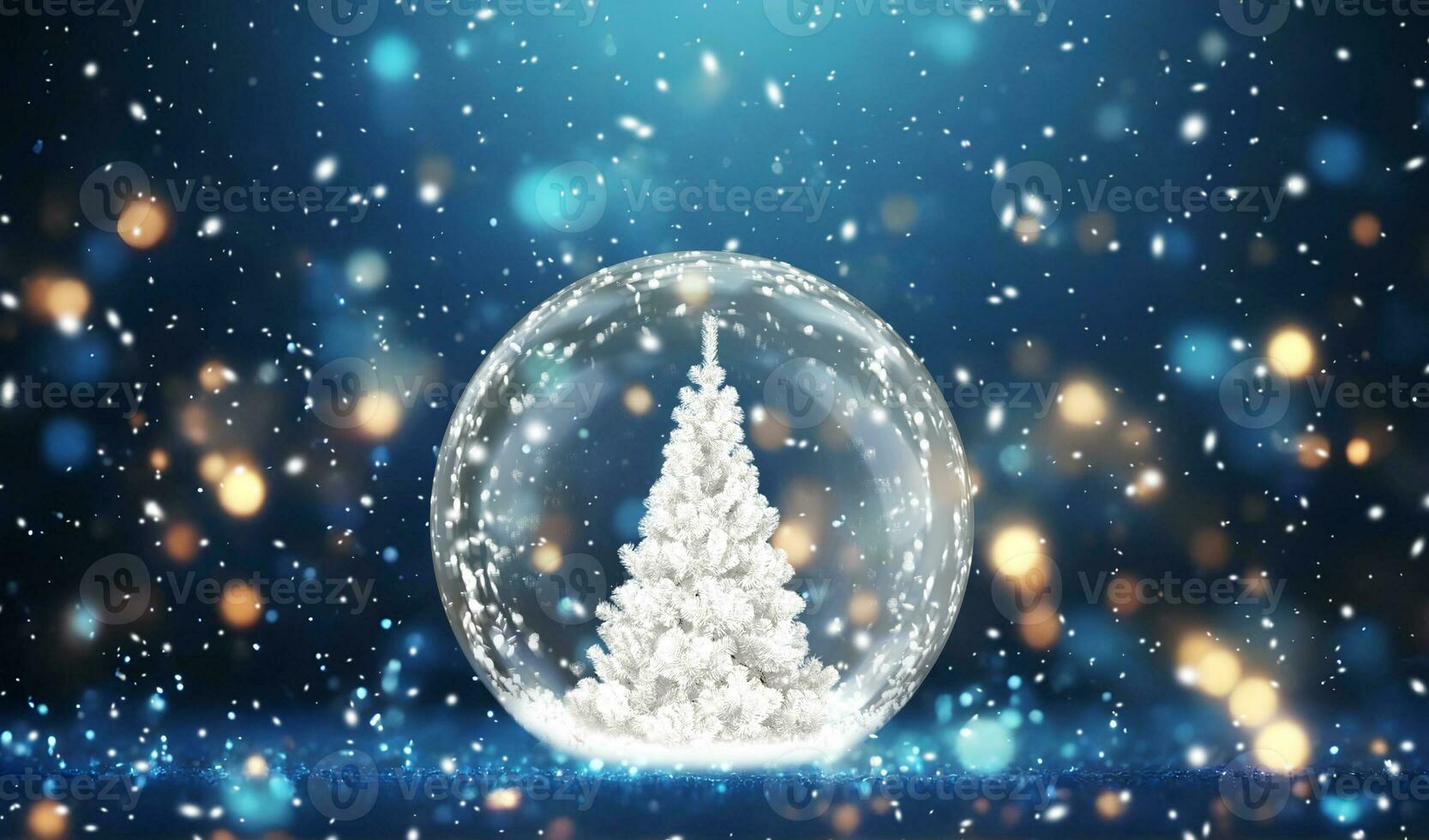 Christmas tree in a snow globe on a blue bokeh and snow background photo