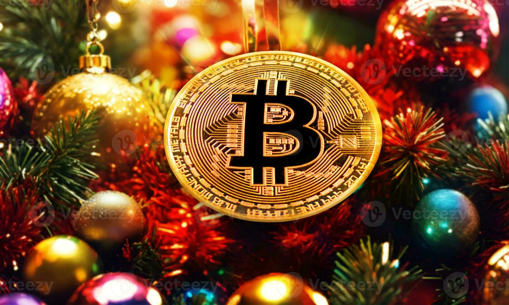 AI generated Golden bitcoin on Christmas tree background. Cryptocurrency. New Year and Christmas. photo