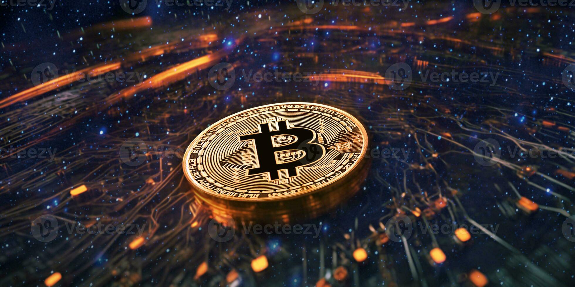 AI generated Bitcoin. Cryptocurrency. Golden coin with bitcoin symbol on the background of the night city lights. photo