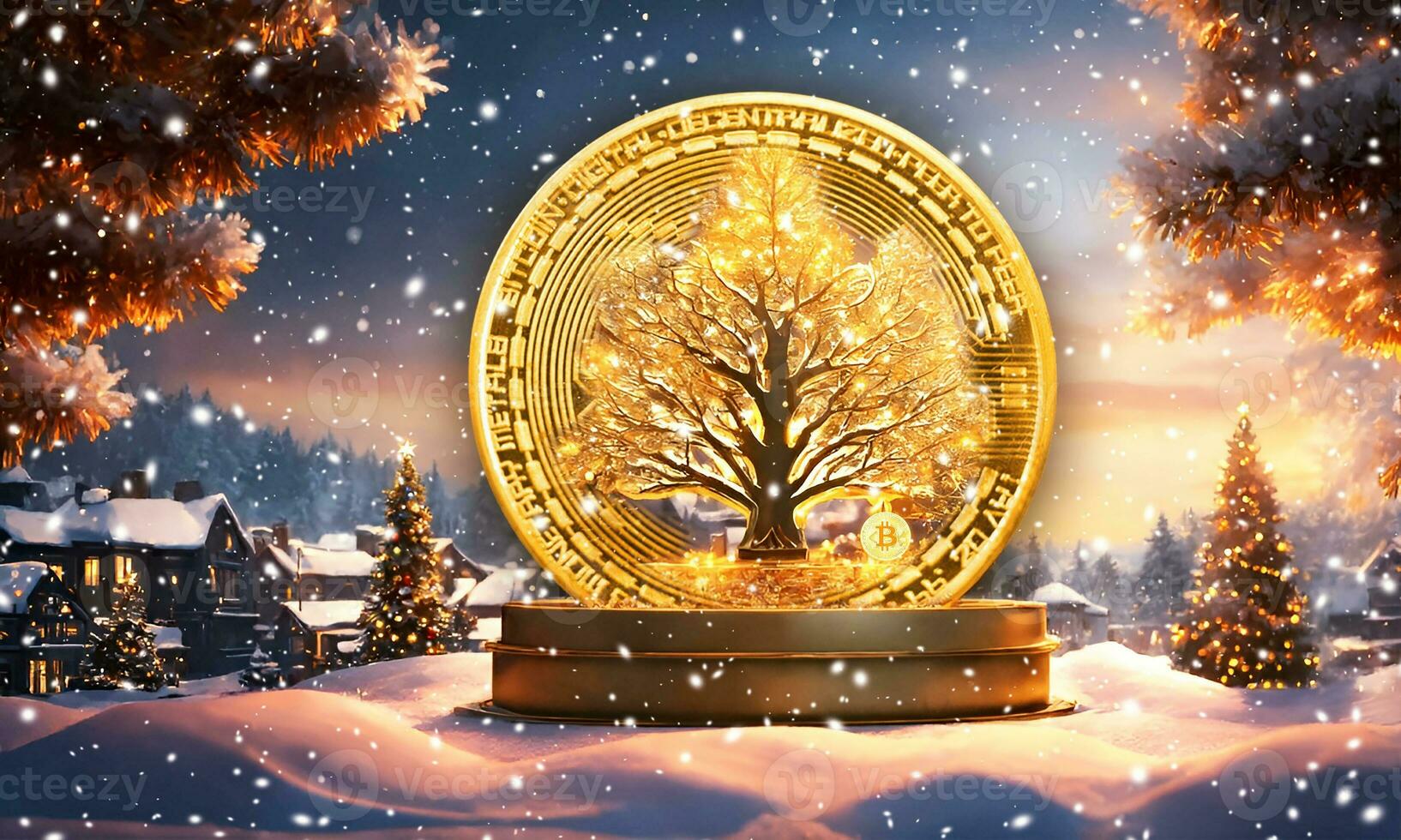 AI generated Christmas and New Year background with a Christmas tree and a golden coin. photo