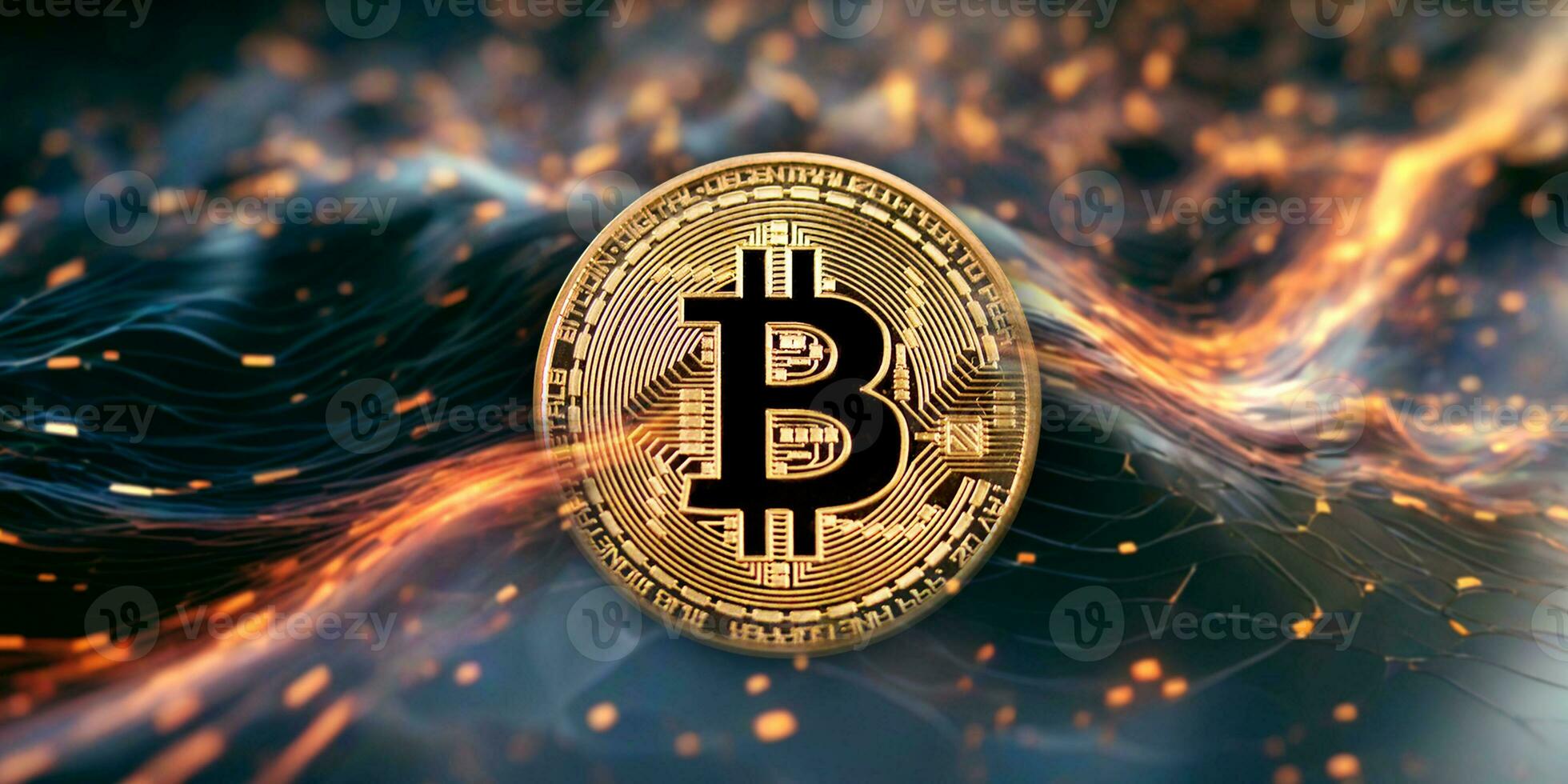 AI generated Bitcoin. Cryptocurrency. Digital currency. Golden coin with bitcoin symbol on a dark background. photo