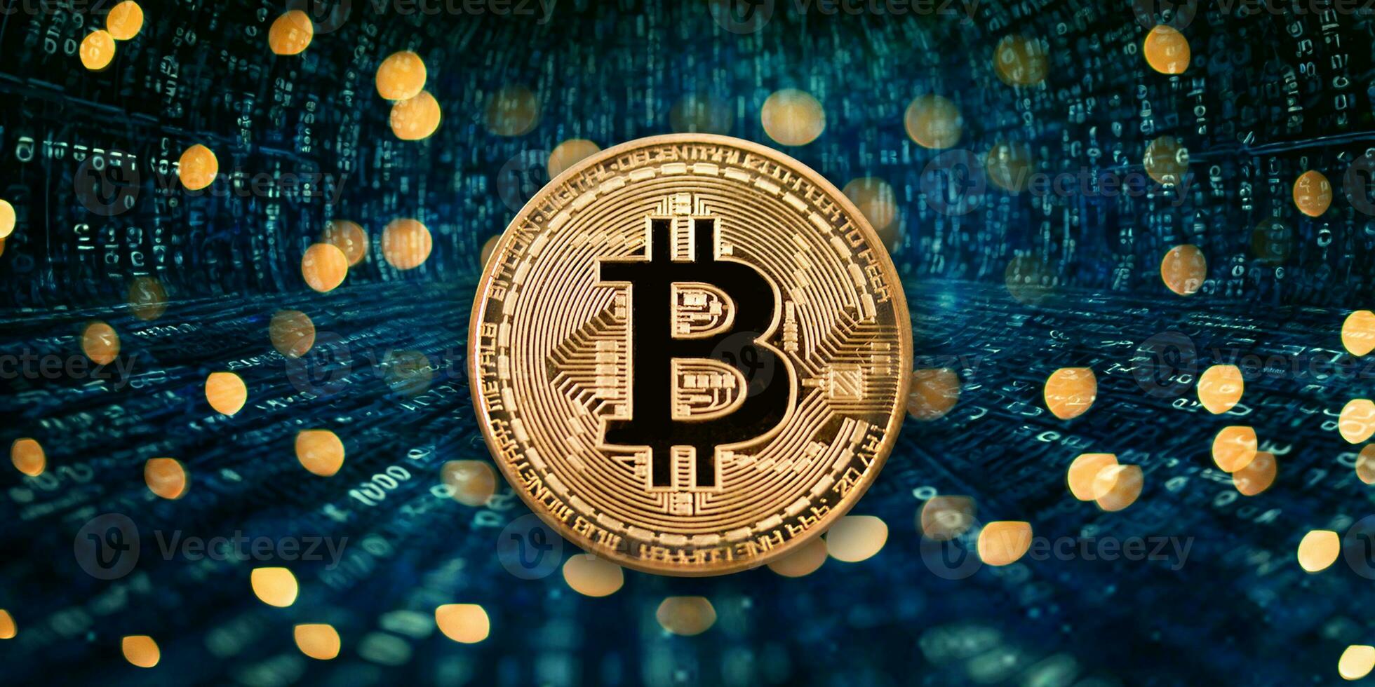 AI generated Bitcoin on the background of the binary code. The concept of crypto currency. photo