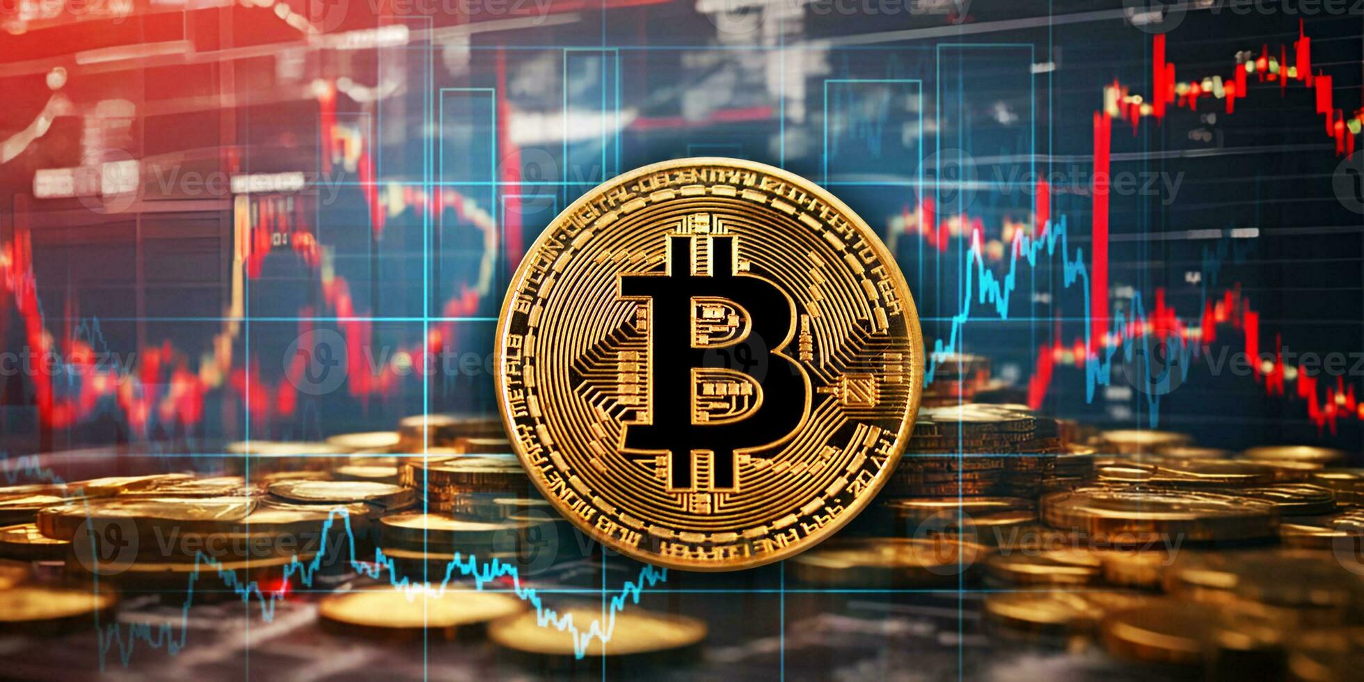 AI generated Bitcoin cryptocurrency coin on the background of the financial chart and graph. photo