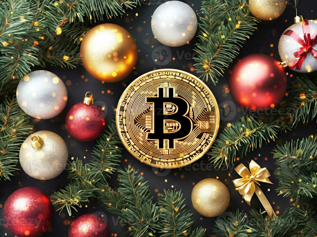 AI generated Golden bitcoin with christmas tree branches on black background, top view photo