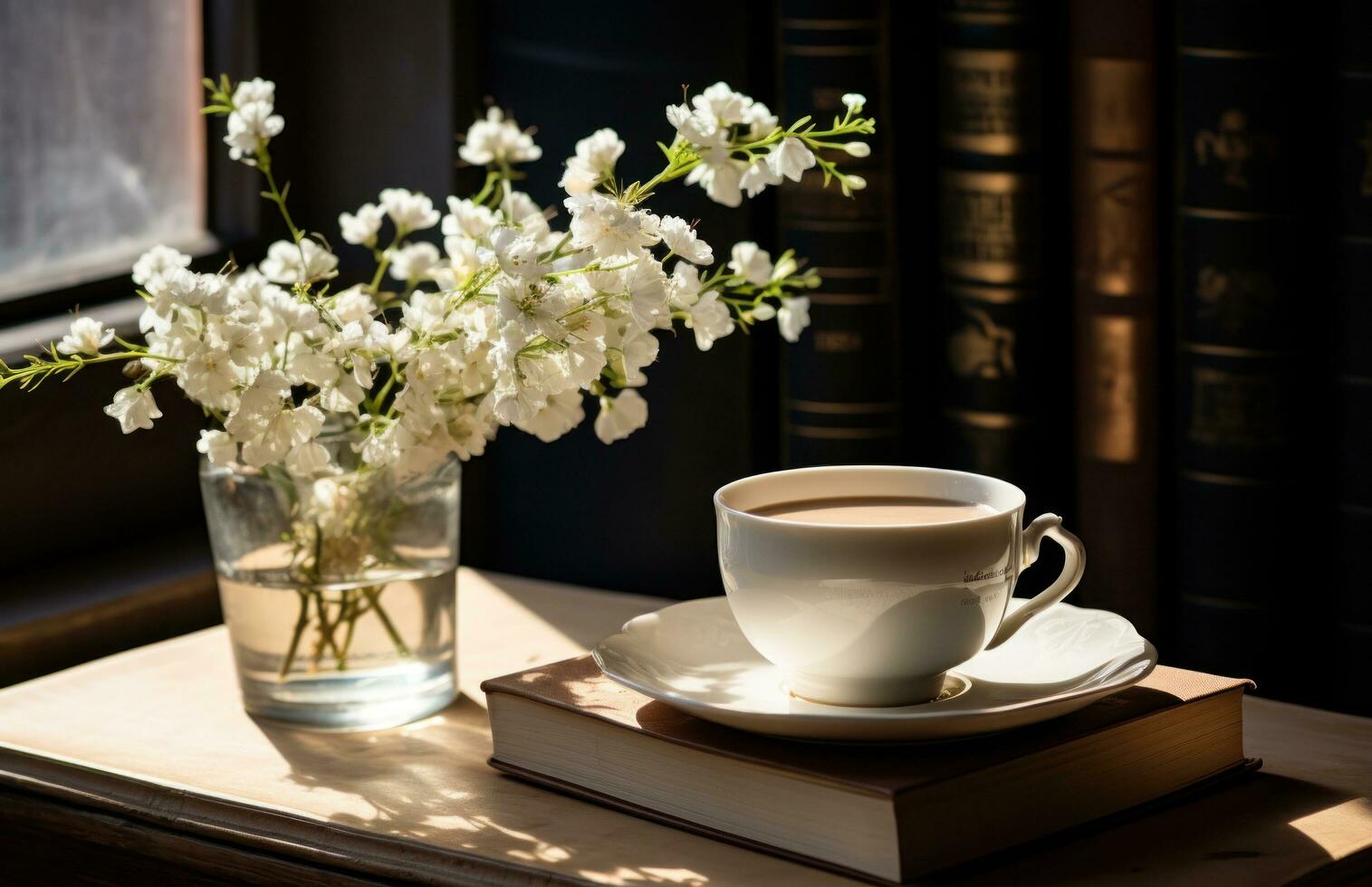 AI generated white mug and book with a saucer photo