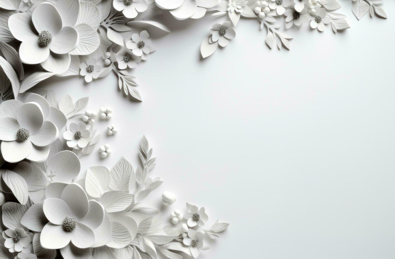 AI generated white frame of flowers with flowers on a grey background photo