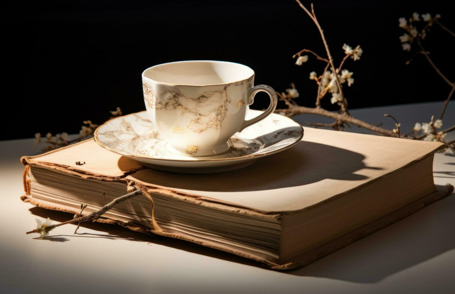 AI generated white mug and book with a saucer photo