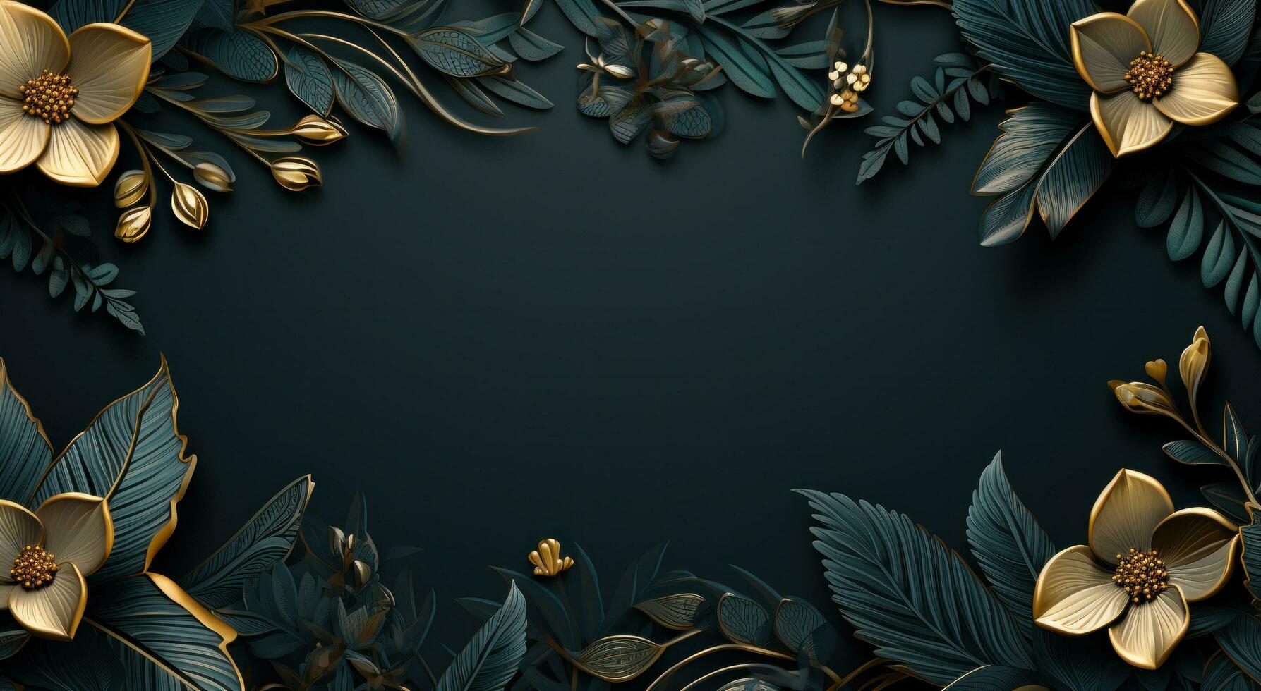 AI generated tropical frame with gold branches and leaves in blue gradient background photo