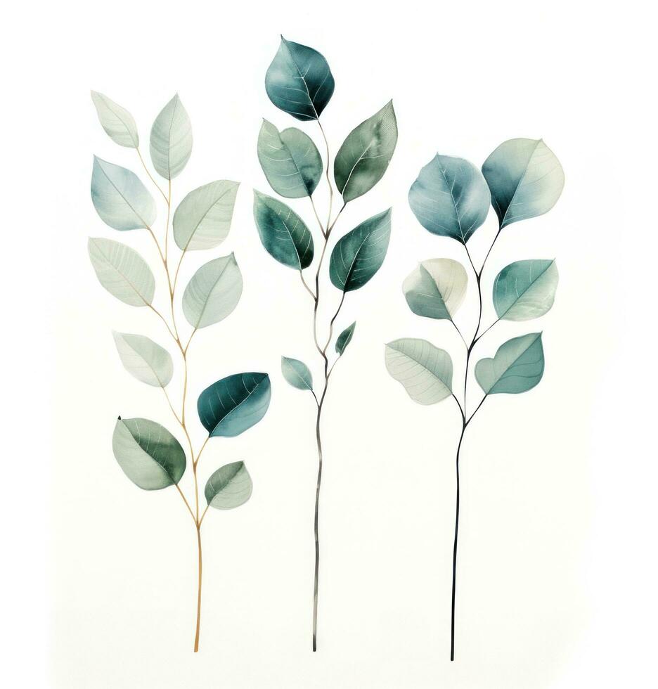 AI generated three green leaves against white background, photo