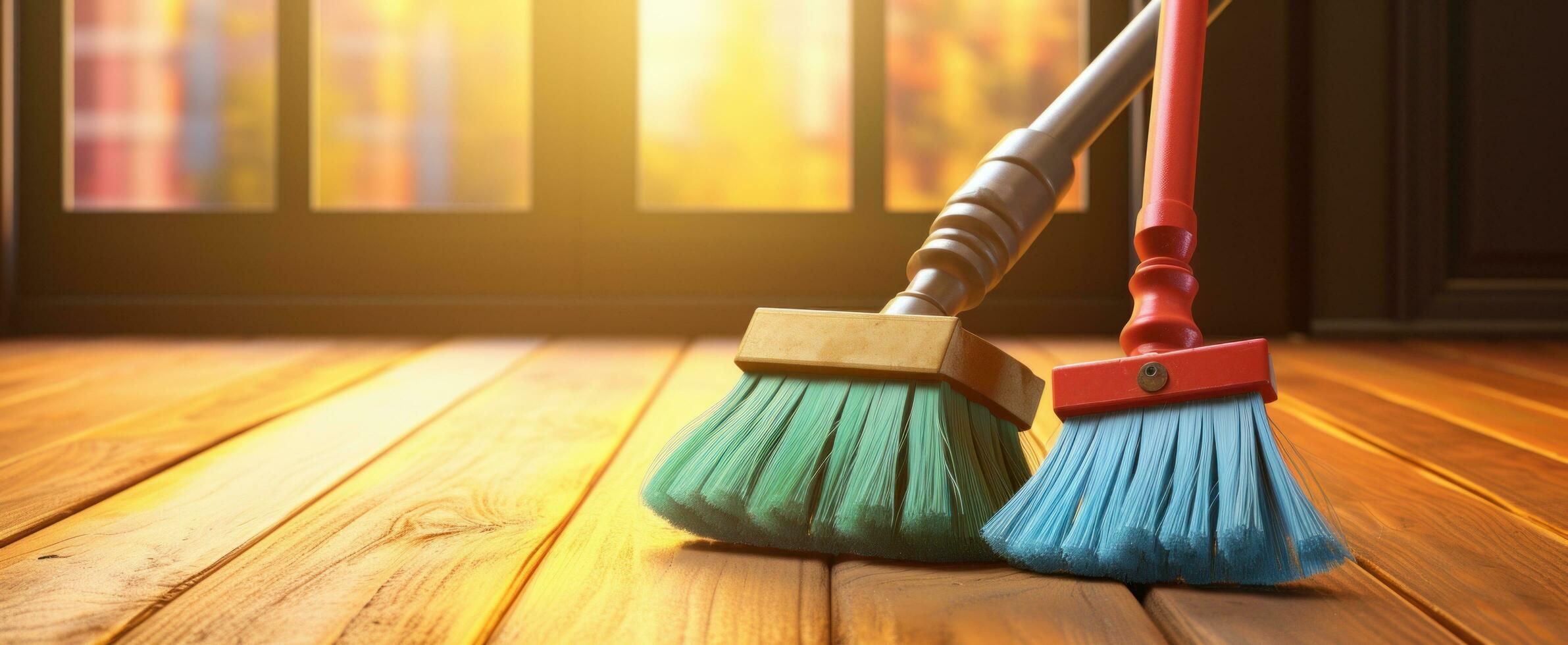 AI generated two clean mop broom on a wooden floor inside home photo