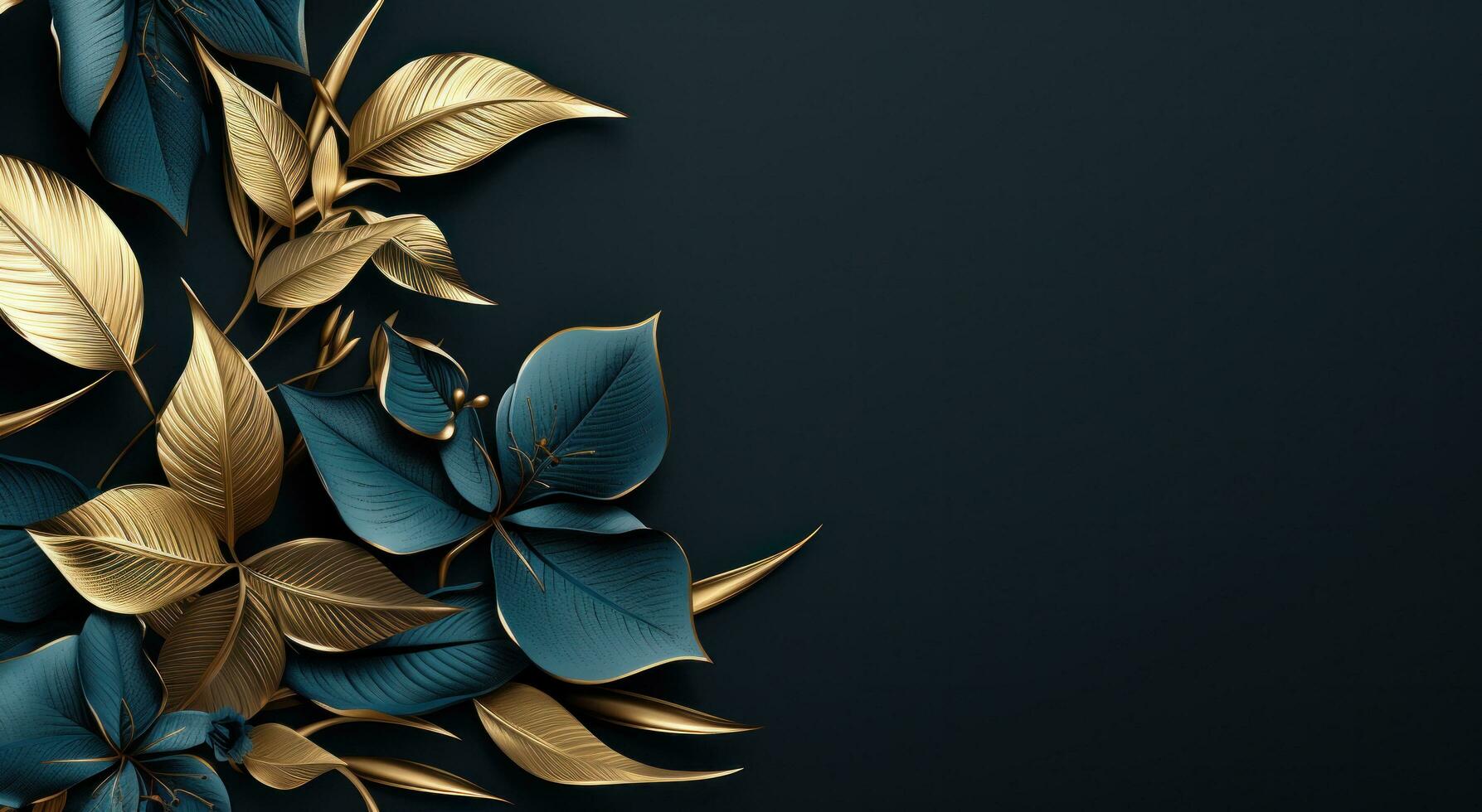 AI generated tropical frame with gold branches and leaves in blue gradient background photo