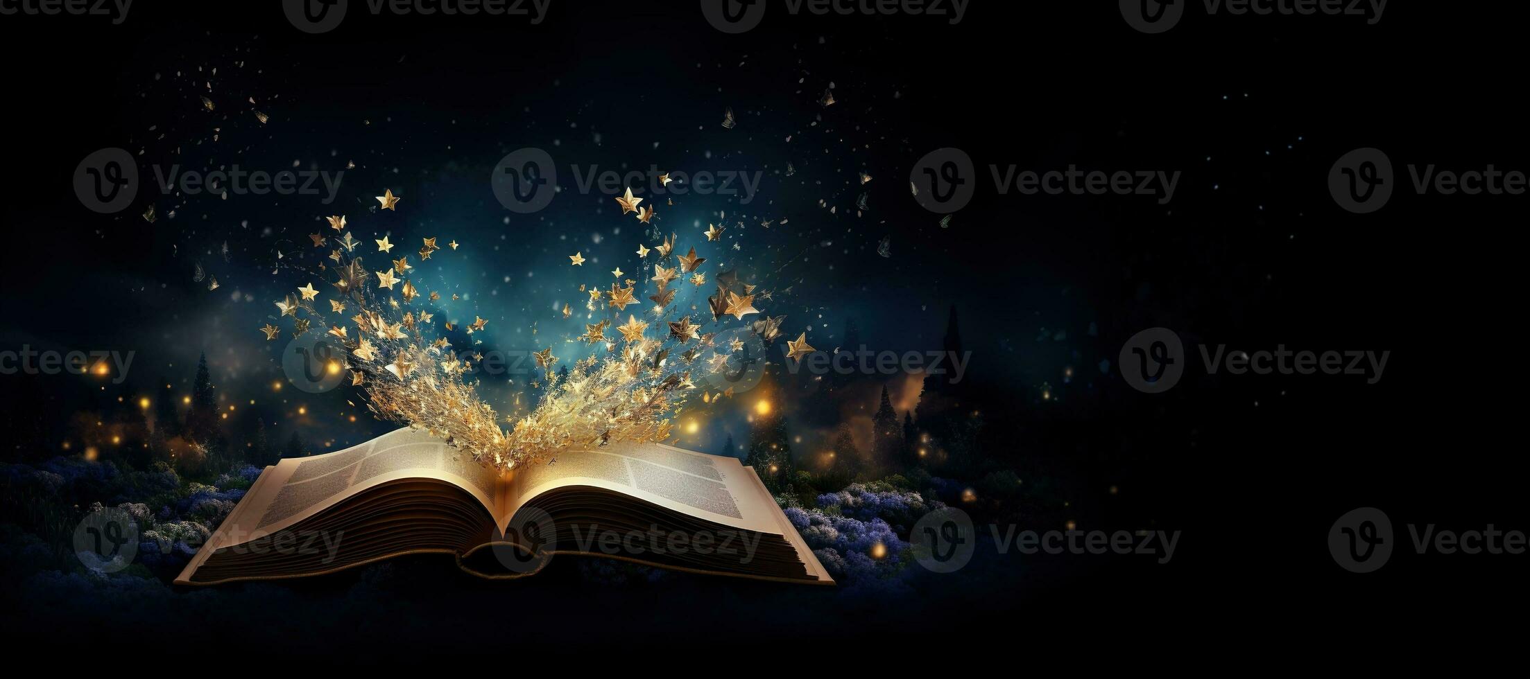 AI generated Generative AI, open antique book on wooden table with magic lights, glitter golden blurred overlay photo
