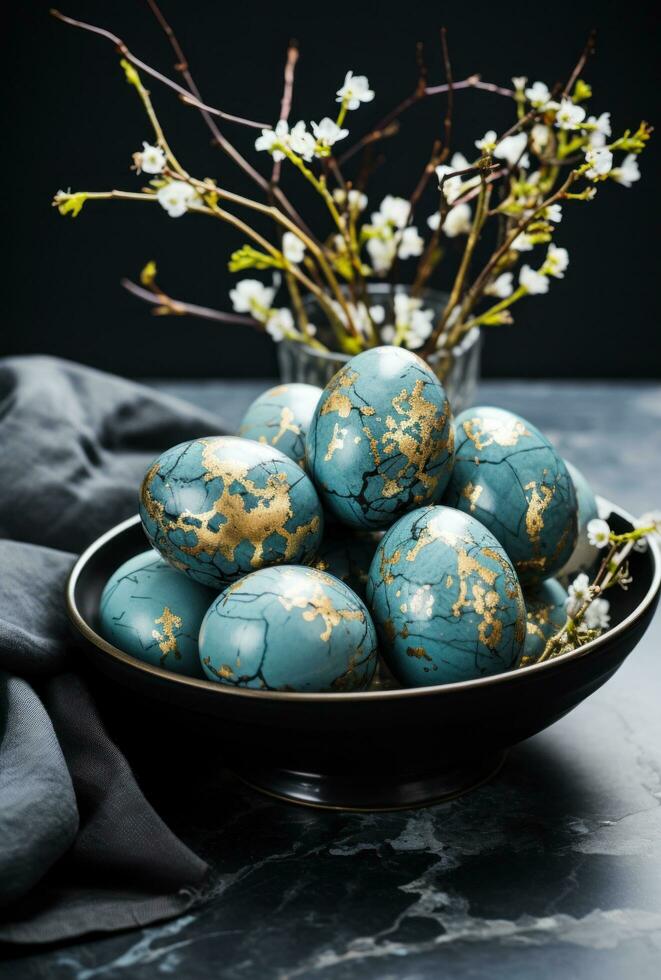 AI generated the easter eggs on a black table are filled with blue dye photo
