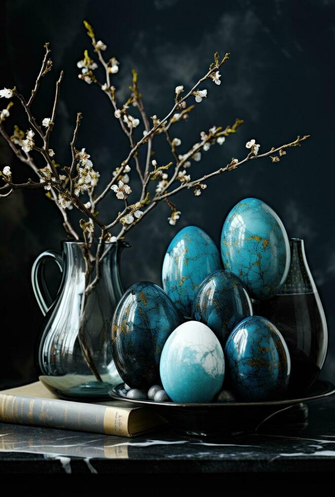 AI generated the easter eggs on a black table are filled with blue dye photo