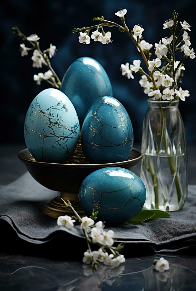 AI generated the easter eggs on a black table are filled with blue dye photo