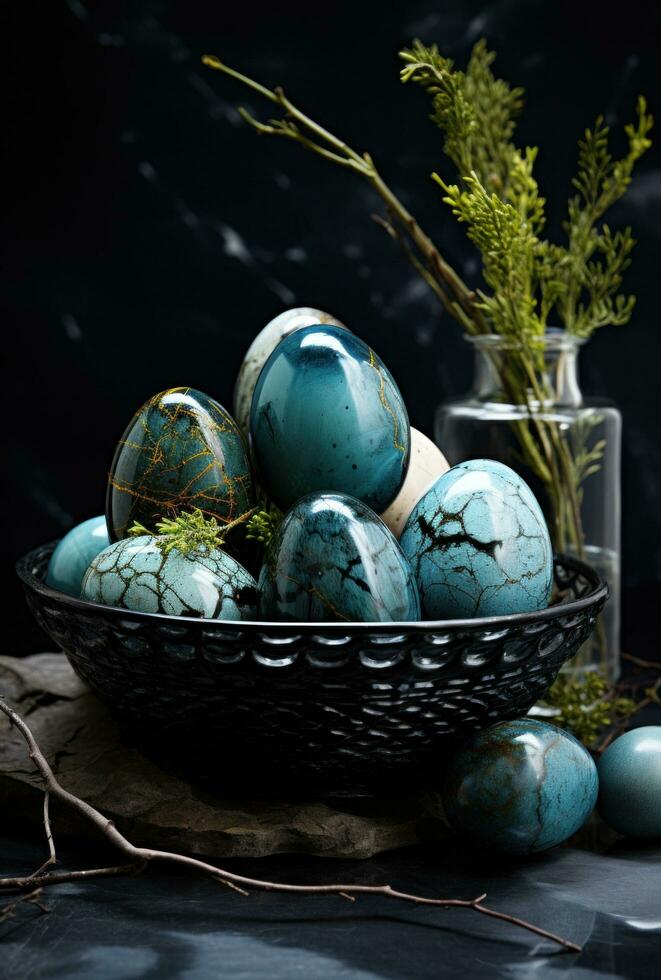 AI generated the easter eggs on a black table are filled with blue dye photo