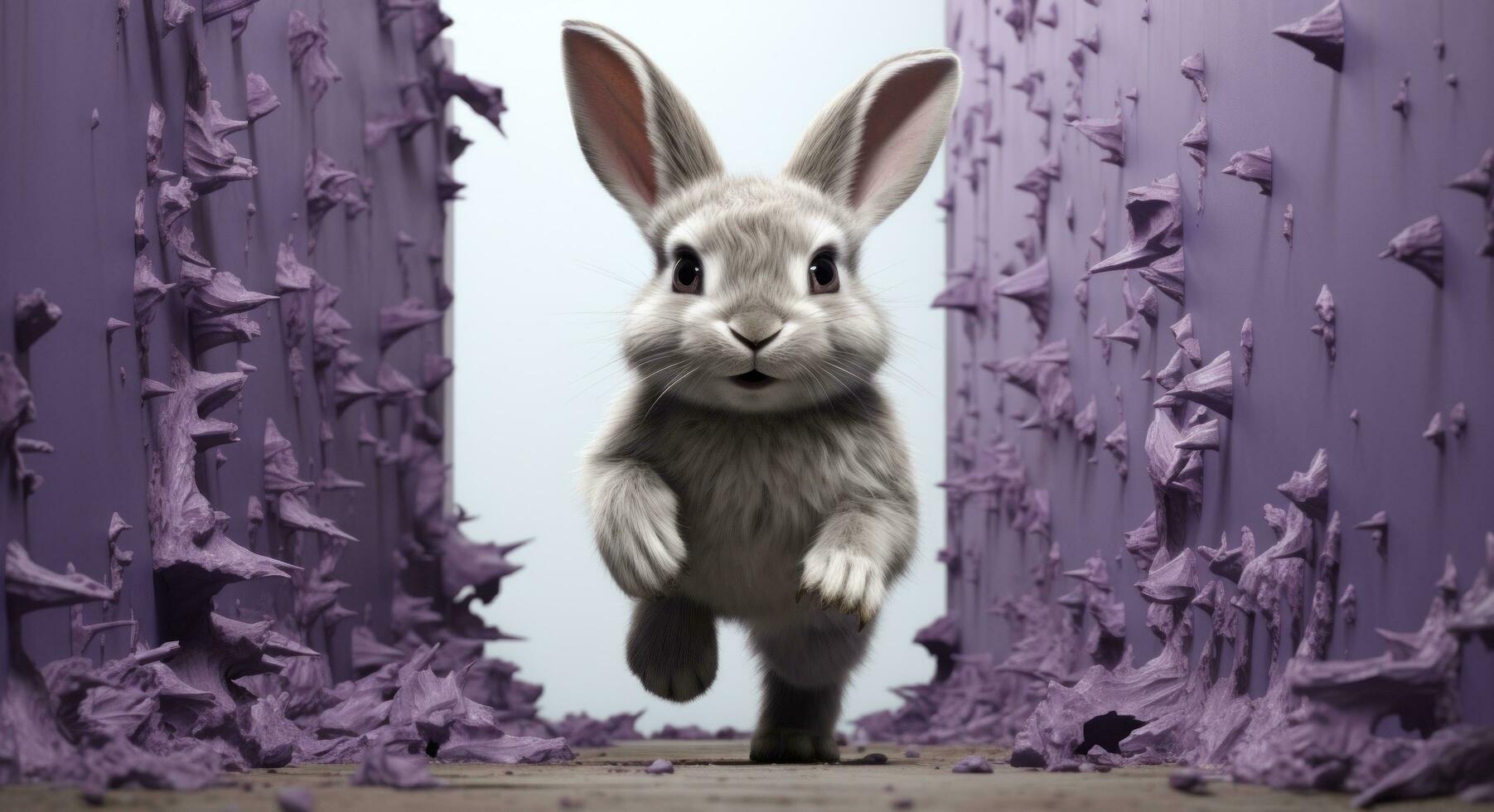 AI generated this gray and white bunny is escaping a purple wall photo