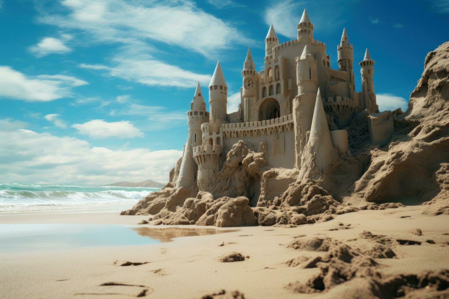 AI generated sand castle of a day at the beach photo