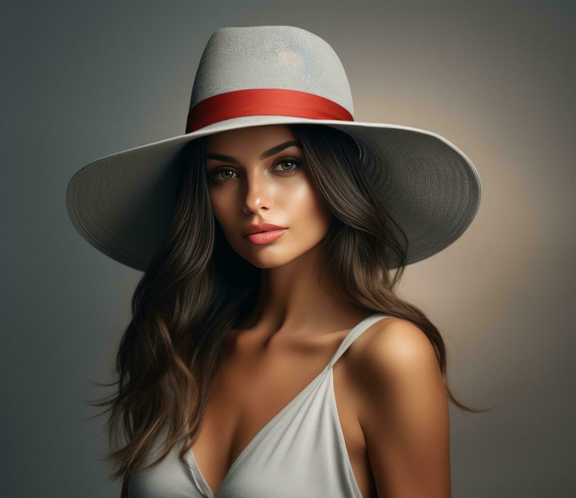 AI generated png hat by a beautiful woman on the beach photo