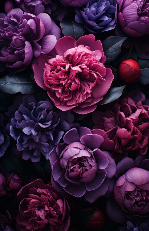 AI generated peonies in a dark setting with a colorful background photo