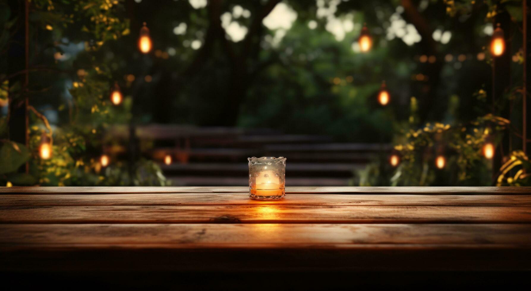 AI generated photo of outdoor table with lights on blur in the night
