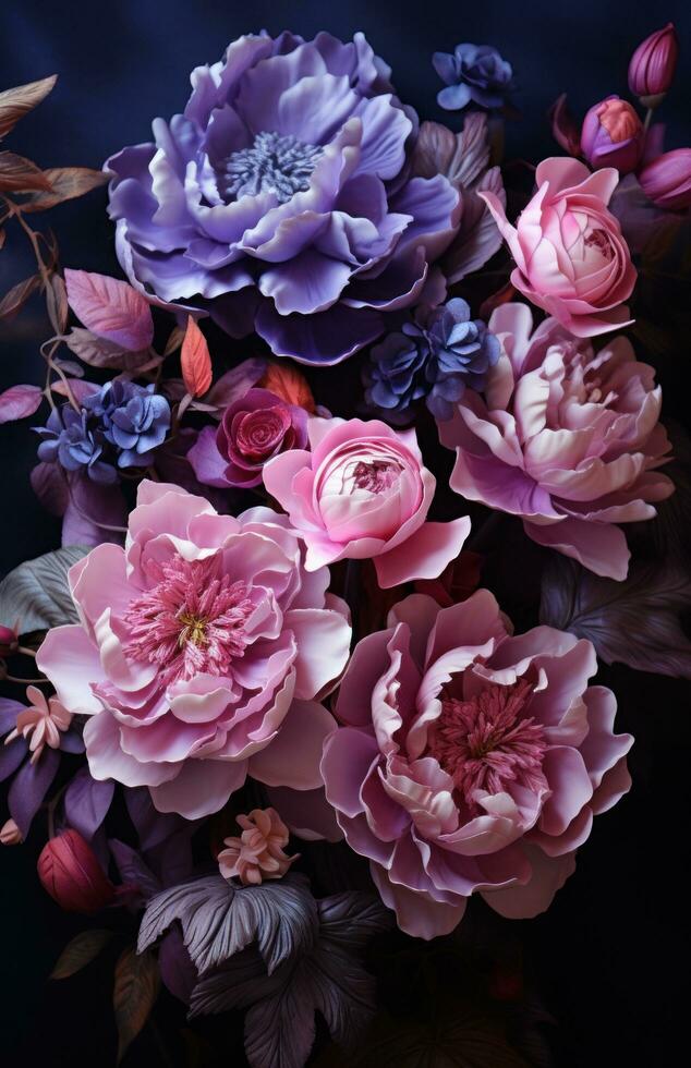 AI generated peonies in a dark setting with a colorful background photo