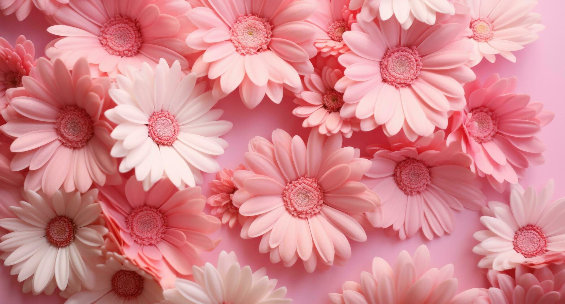 ai generado rosado margarita flor antecedentes con blanco puntos en ligero rosado antecedentes foto