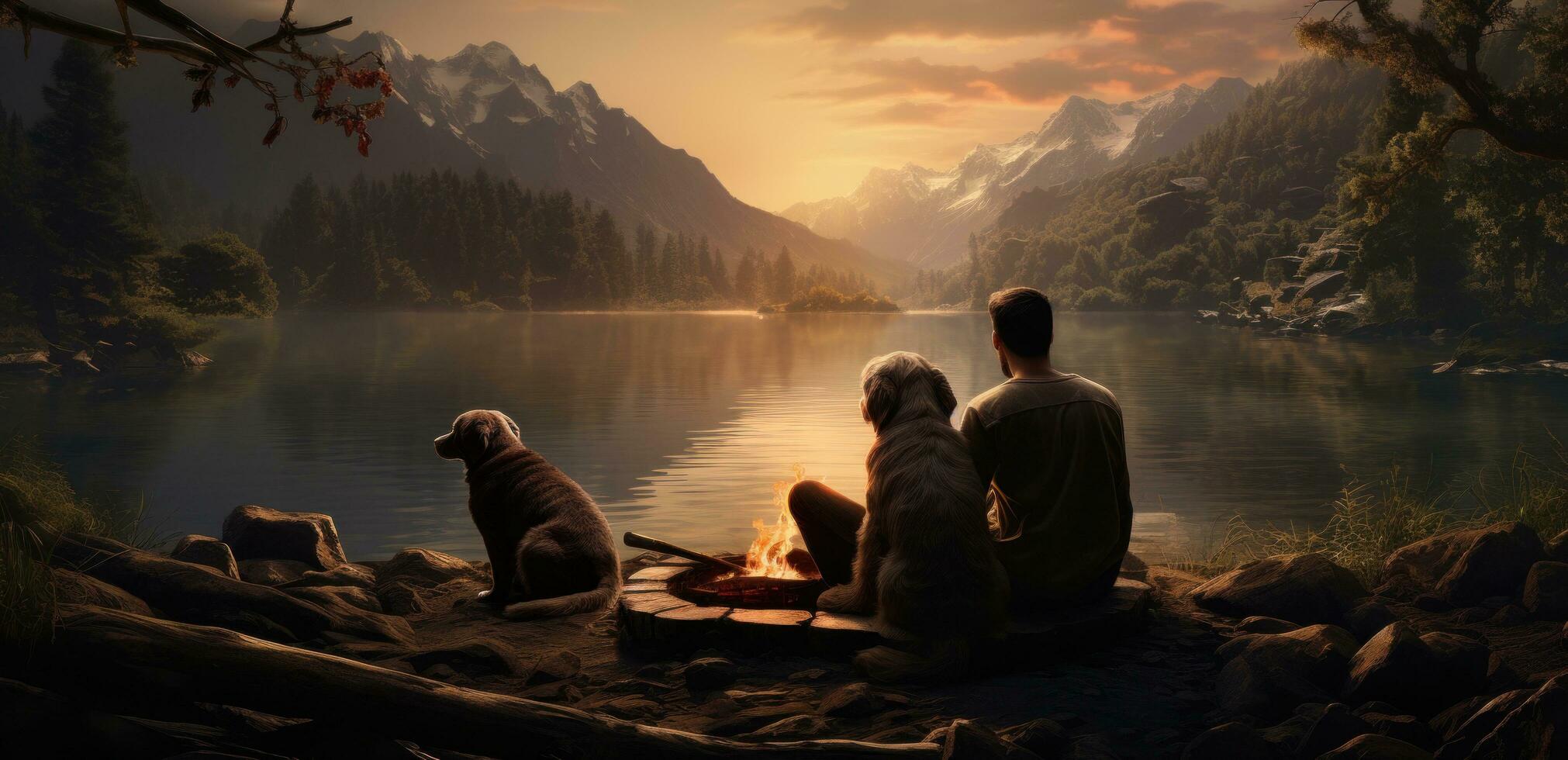 AI generated man and a woman looking at a lake with dogs around it photo