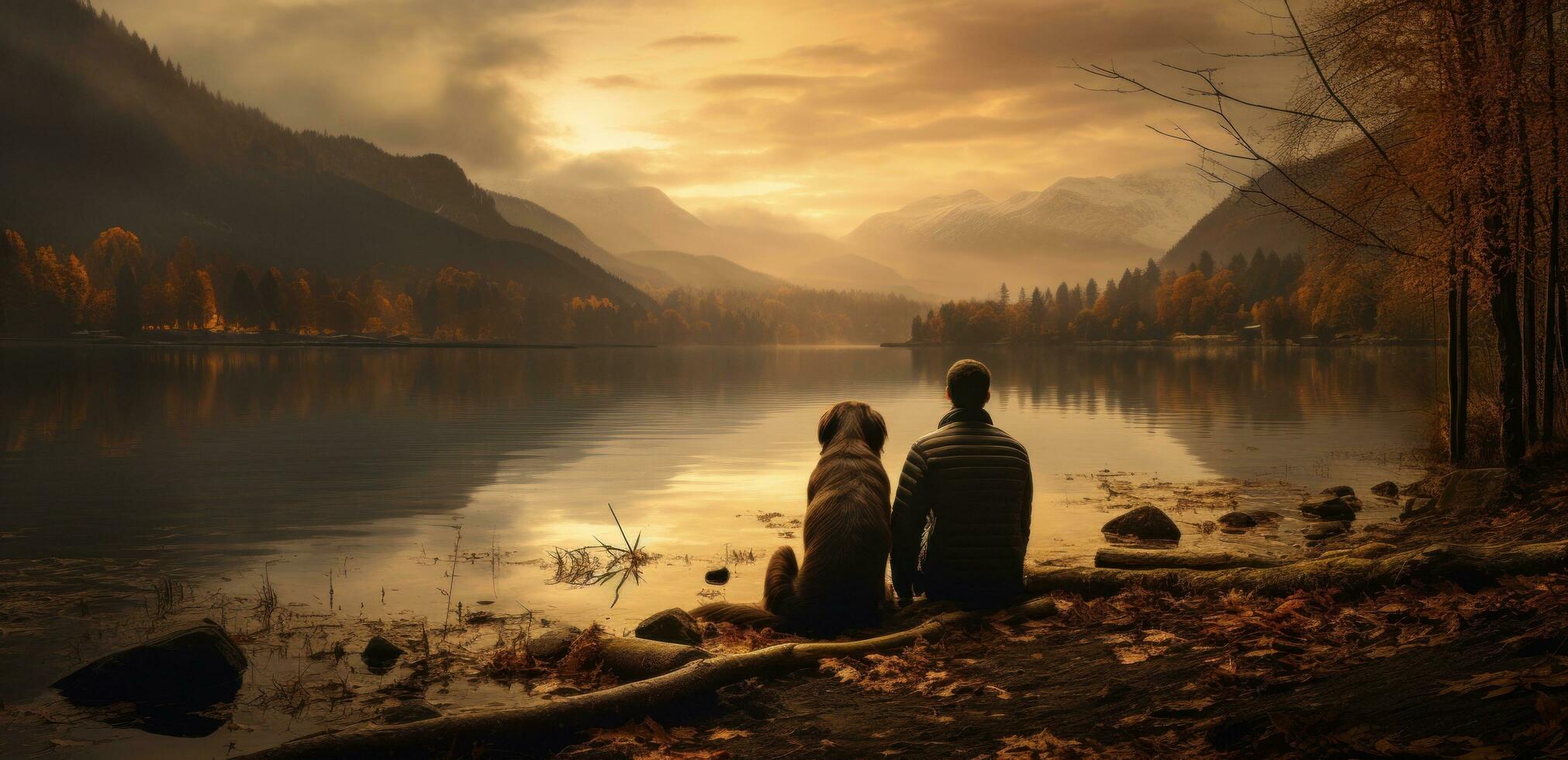 AI generated man and a woman looking at a lake with dogs around it photo