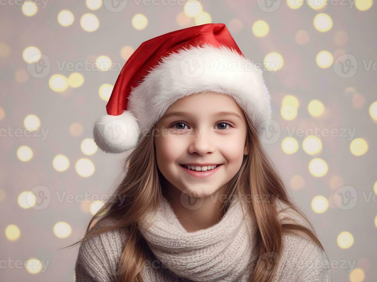 ai generado retrato de un linda pequeño niña en Papa Noel claus sombrero en Navidad antecedentes foto