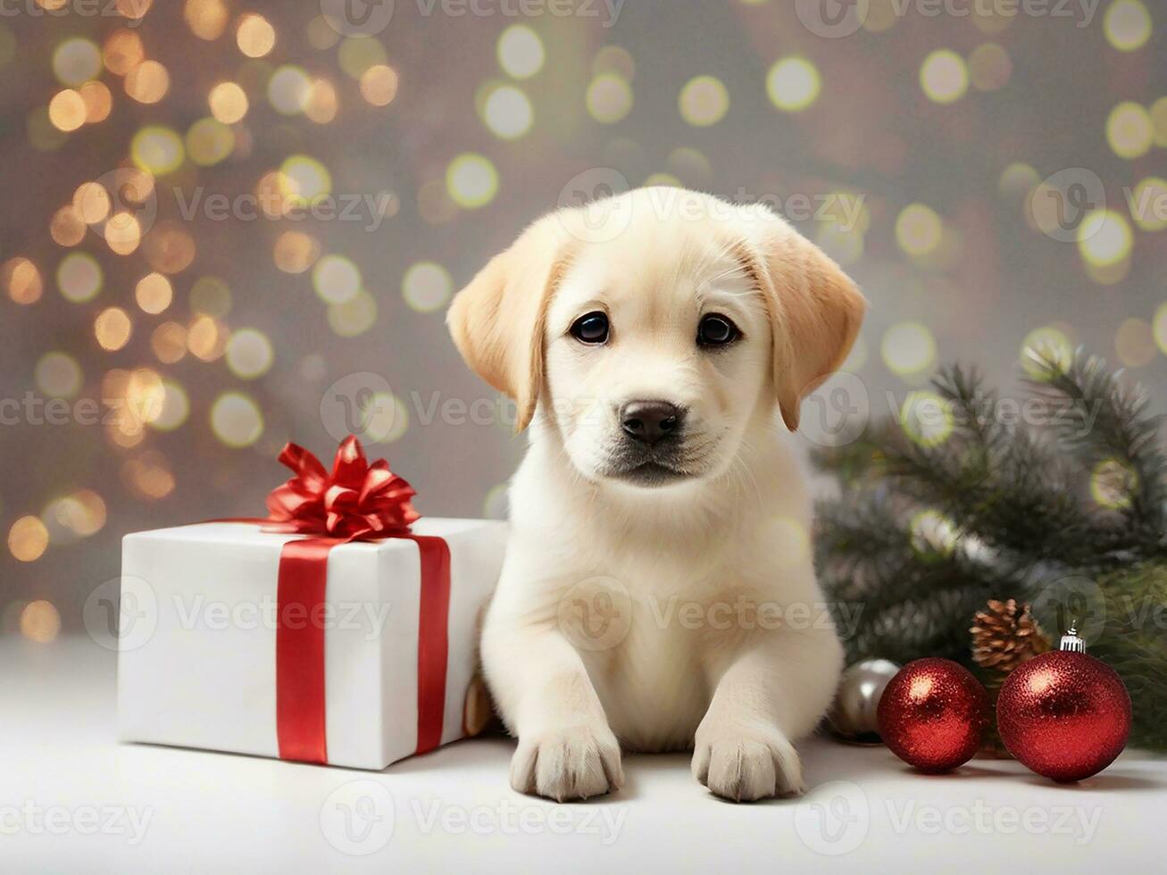 AI generated Labrador retriever puppy with christmas gift box on bokeh background photo