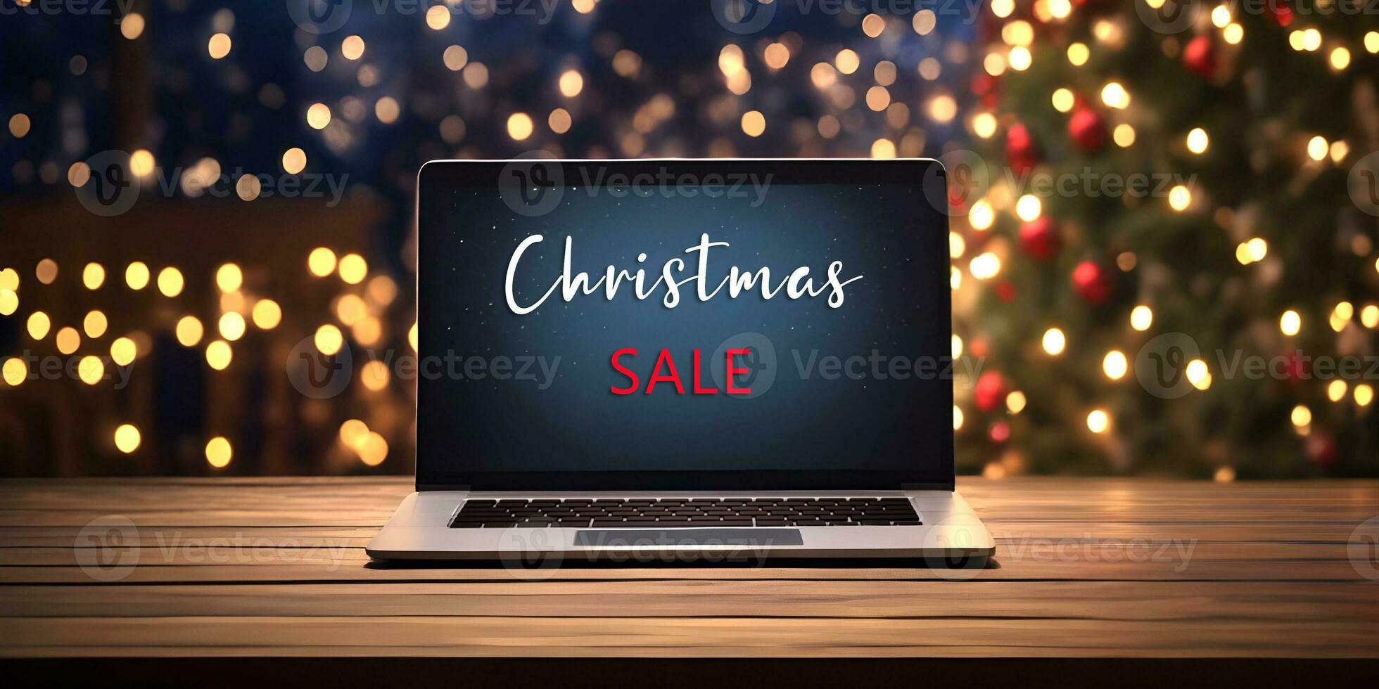 Laptop on wooden table with Christmas Sale text on bokeh background. Online shopping concept. photo