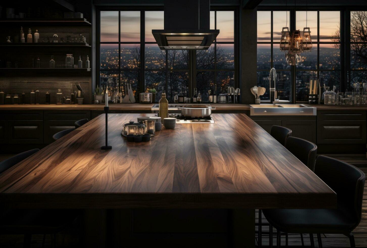 AI generated kitchen top furniture, table top in modern kitchen photo