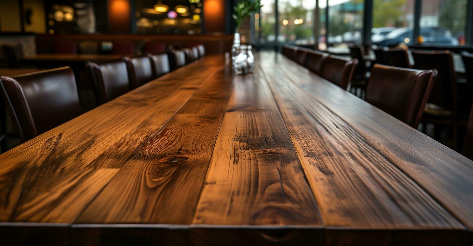 AI generated empty wooden tables at a restaurant photo