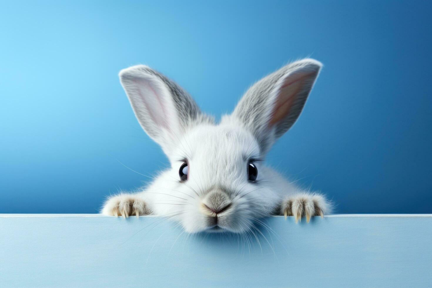 AI generated easter rabbit peeking out of a blue shelf photo