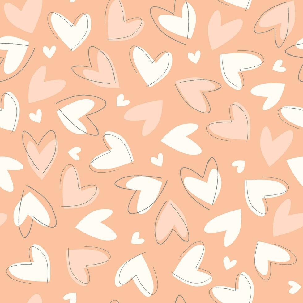 Seamless pattern with hearts on a peach-colored background. Delicate print. Vector graphics.