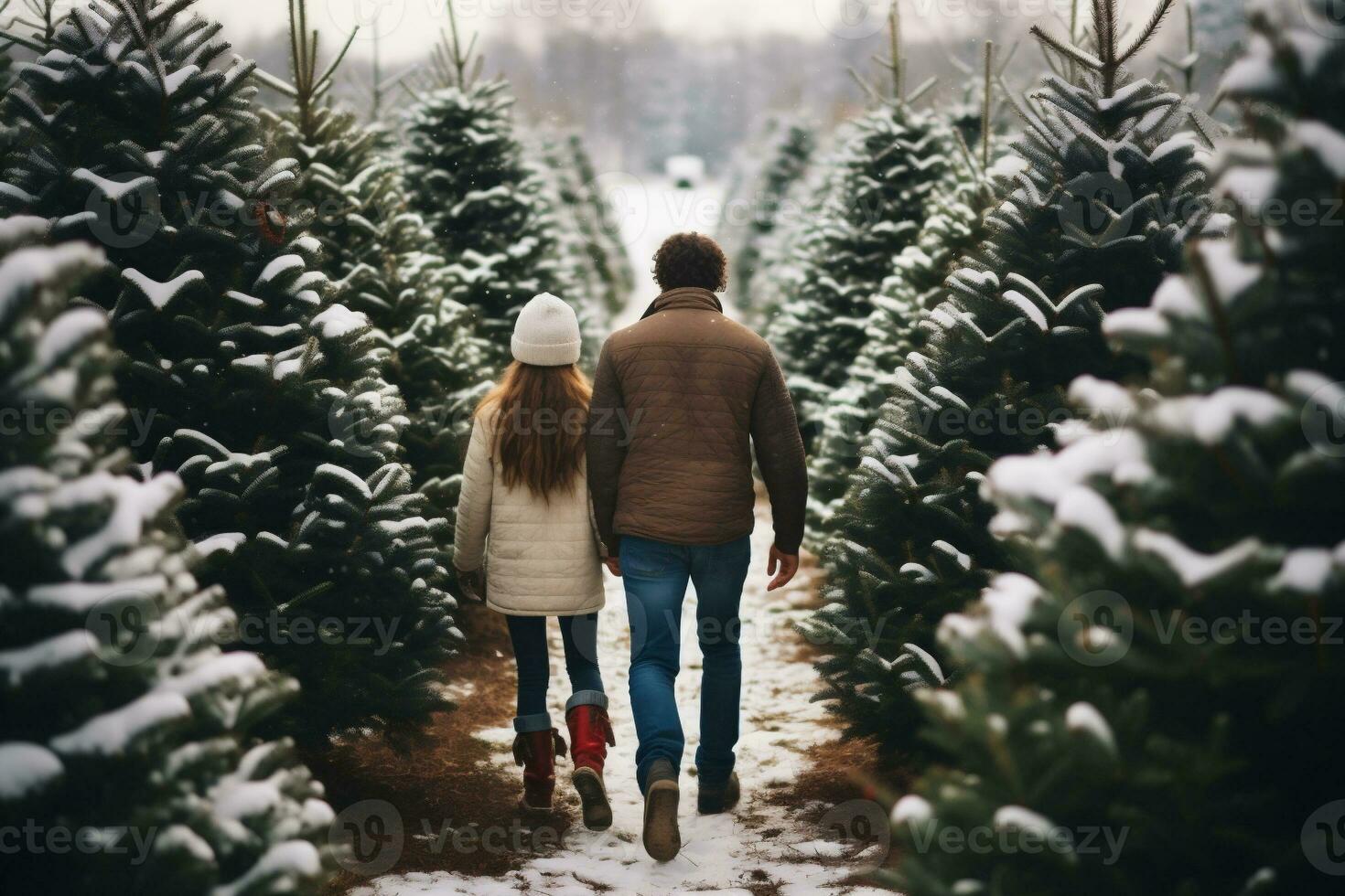 AI generated Family walking through the christmas trees farm on a snowy day photo