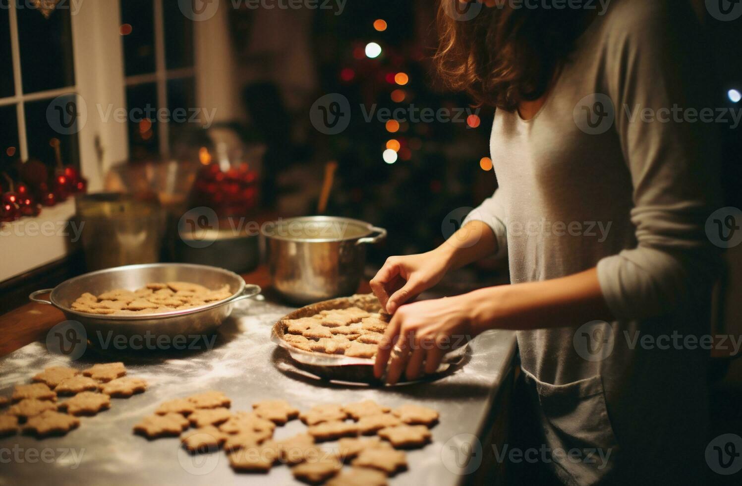 AI generated Woman making gingerbread cookies in the kitchen at christmas time. photo