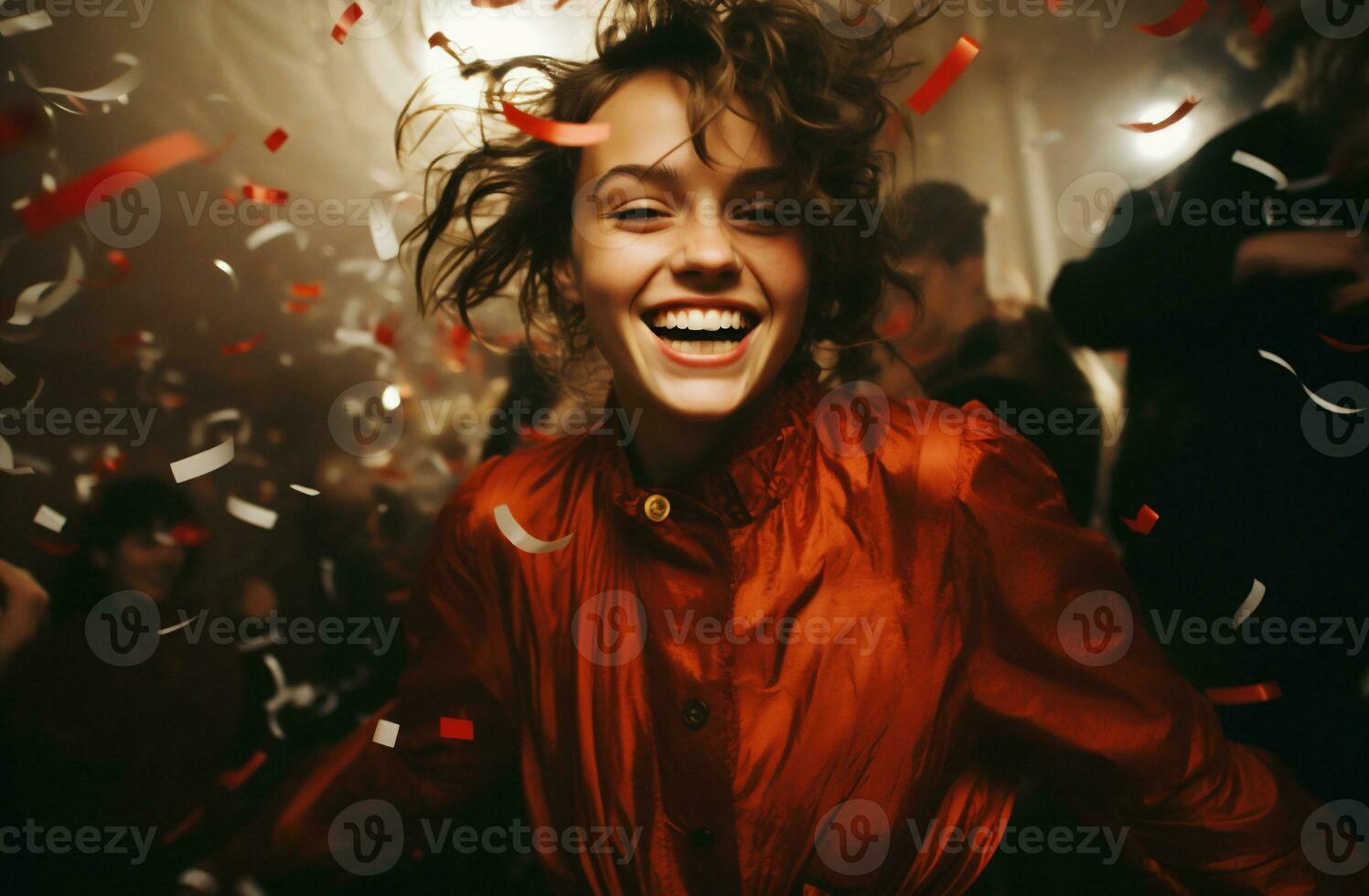 AI generated Cheerful young woman in red shirt dancing with confetti. photo