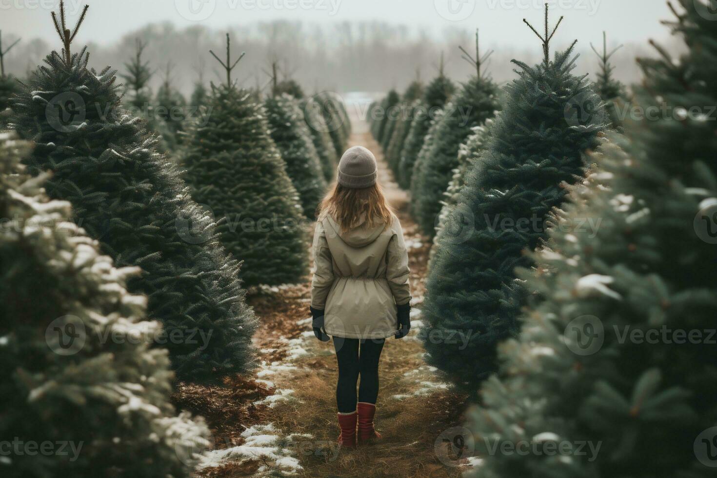 AI generated Girl in a white coat and red boots walks through the Christmas trees farm. photo