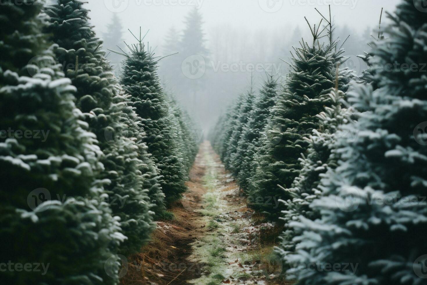 AI generated Christmas trees farm covered with snow. Beautiful winter landscape. photo