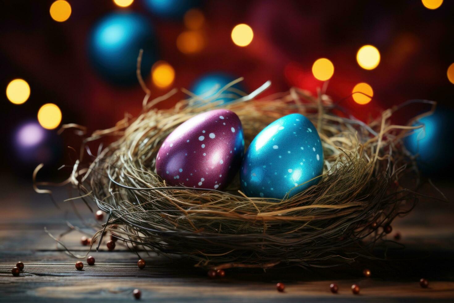 AI generated easter egg coloring with blue bokeh over wooden table and nest photo