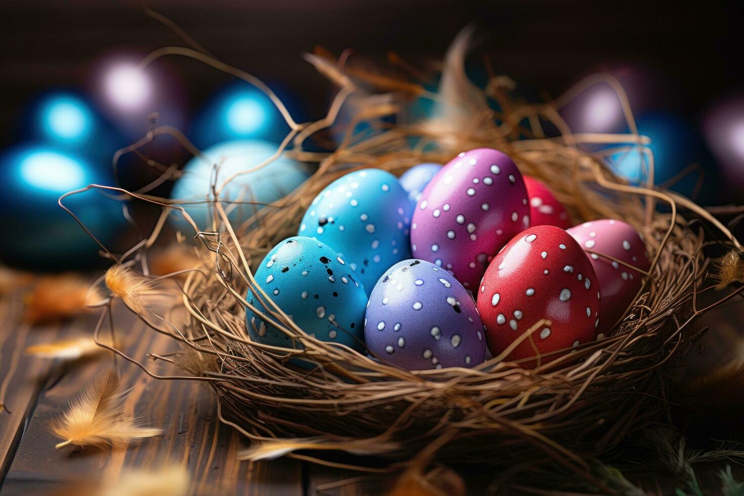 AI generated easter egg coloring with blue bokeh over wooden table and nest photo